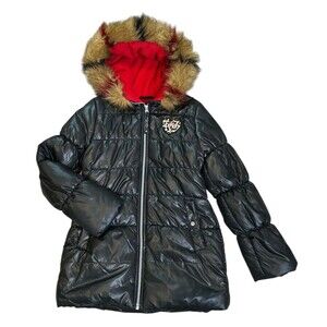 Jessica Simpson Girls Black Puffer Coat Faux Fur Hood & Headband Size: S 7-8